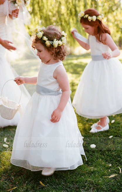 White Flower Girl Dress-Jewel Sleeveless Ankle-Length with Sash