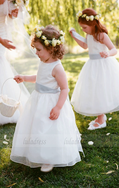White Flower Girl Dress-Jewel Sleeveless Ankle-Length with Sash