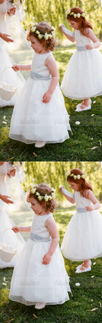 White Flower Girl Dress-Jewel Sleeveless Ankle-Length with Sash