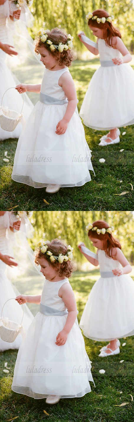 White Flower Girl Dress-Jewel Sleeveless Ankle-Length with Sash