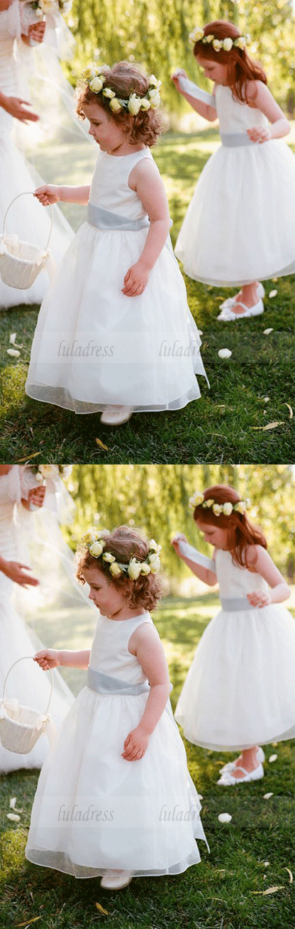 White Flower Girl Dress-Jewel Sleeveless Ankle-Length with Sash