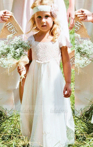 A-Line Square Cap Sleeves Long White Tulle Flower Girl Dress with Lace,BW97189
