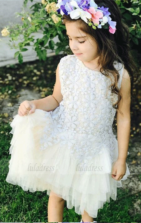 country tulle tee length wedding party dress for little girl