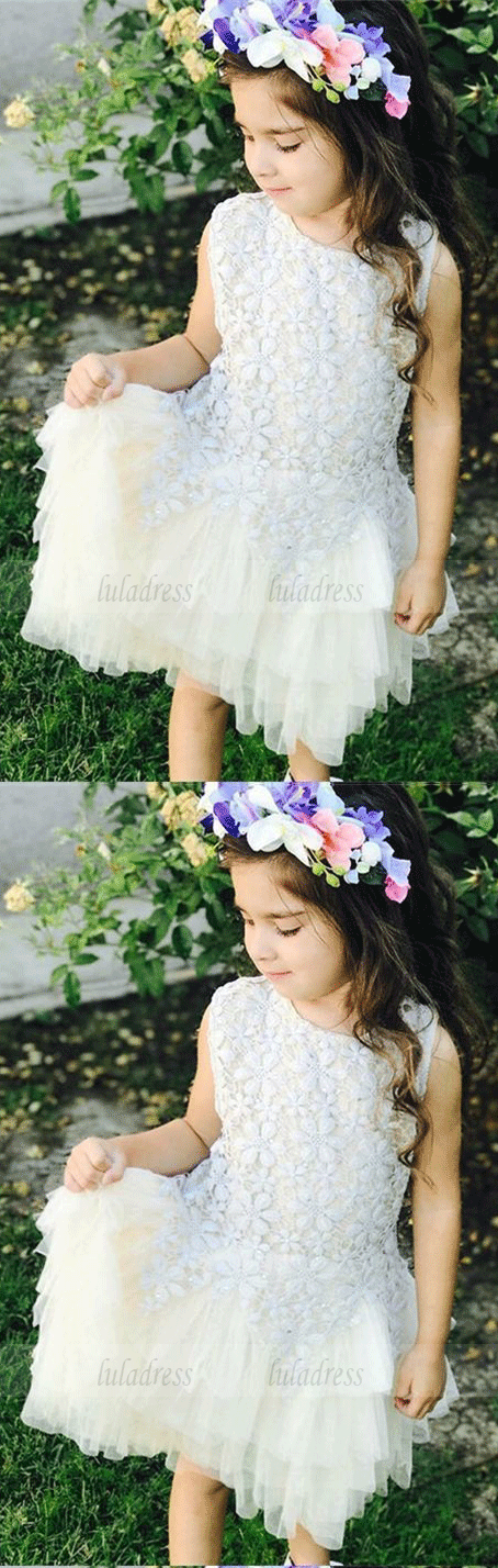 country tulle tee length wedding party dress for little girl