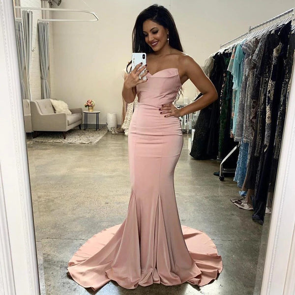 Mermaid Long Strapless Blush Pink Satin Bridesmaid Dresses Party Dresses,BD930625