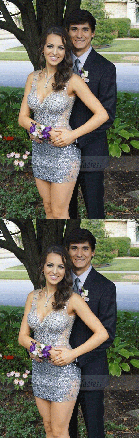 Sexy V neck Sheer Tulle Sheath Homecoming Dresses