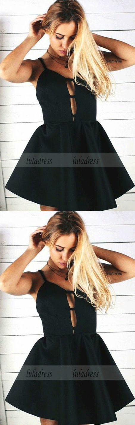 A-Line Spaghetti Straps Short Black Satin Homecoming Dress luladress A-Line Spaghetti Straps Short Black Satin Homecoming Dress luladress