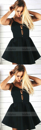 A-Line Spaghetti Straps Short Black Satin Homecoming Dress