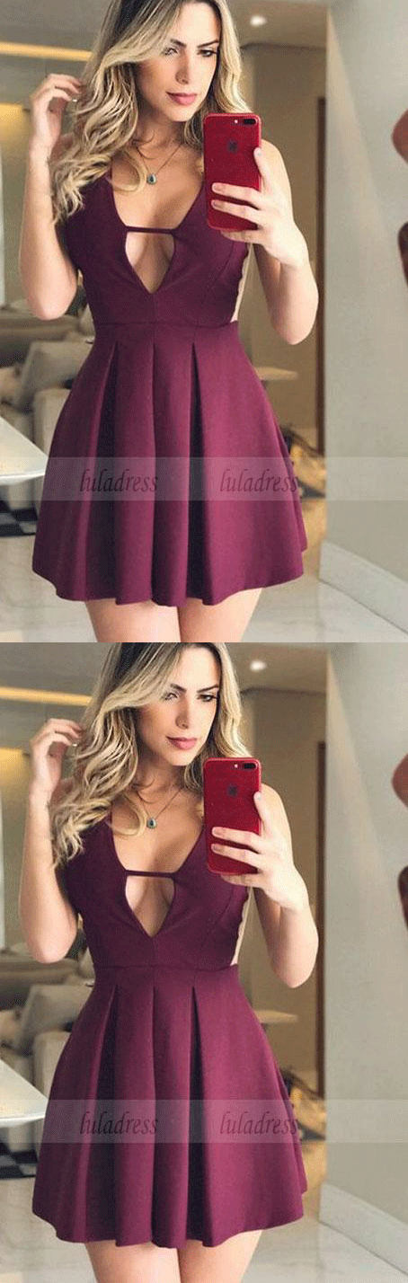 A-Line V-Neck Short Grape Pleated Satin Homecoming Dresses luladress A-Line V-Neck Short Grape Pleated Satin Homecoming Dresses luladress