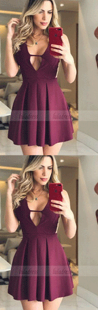 A-Line V-Neck Short Grape Pleated Satin Homecoming Dresses