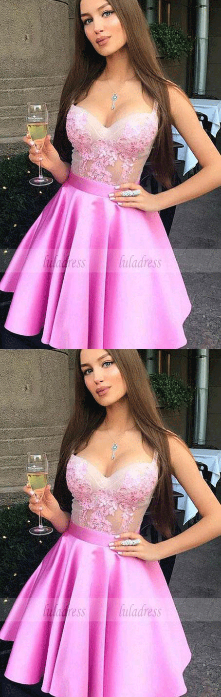 A-Line Spaghetti Straps Above-Knee Pink Prom Homecoming Dress with Appliques