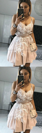 A-Line Spaghetti Straps Short Blush Homecoming Dress with Appliques