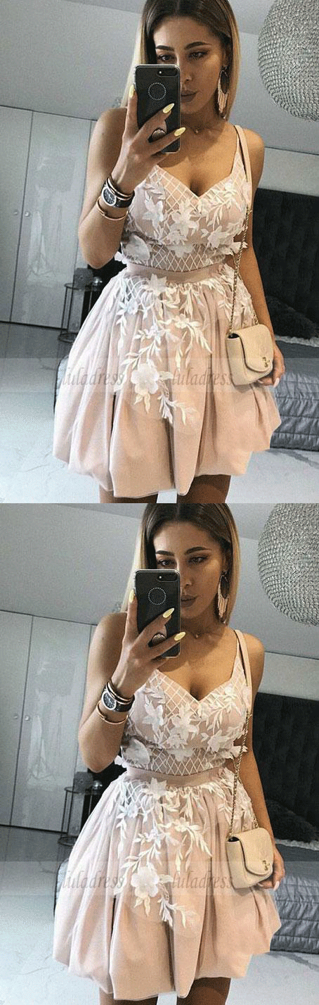 A-Line Spaghetti Straps Short Blush Homecoming Dress with Appliques