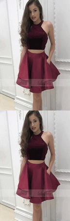 Short Homecoming Dresses Halter Neck Cap Sleeves Pleats A-line Satin Graduation Sexy Cocktail Party Gowns