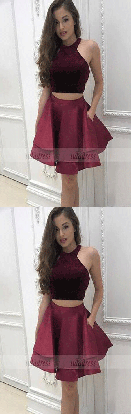 Short Homecoming Dresses Halter Neck Cap Sleeves Pleats A-line Satin Graduation Sexy Cocktail Party Gowns