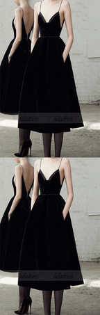 Spaghetti Straps Tea Length Black Backless Prom Dress Homecoming Dresses