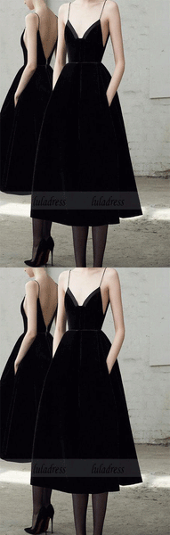 Spaghetti Straps Tea Length Black Backless Prom Dress Homecoming Dresses,BD98245