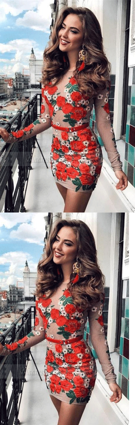 modest red long sleeves short prom dresses, unique bodycon short homec modest red long sleeves short prom dresses, unique bodycon short homec