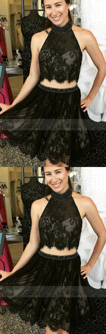 Black Lace Two Piece Homecoming Dresses with Beading