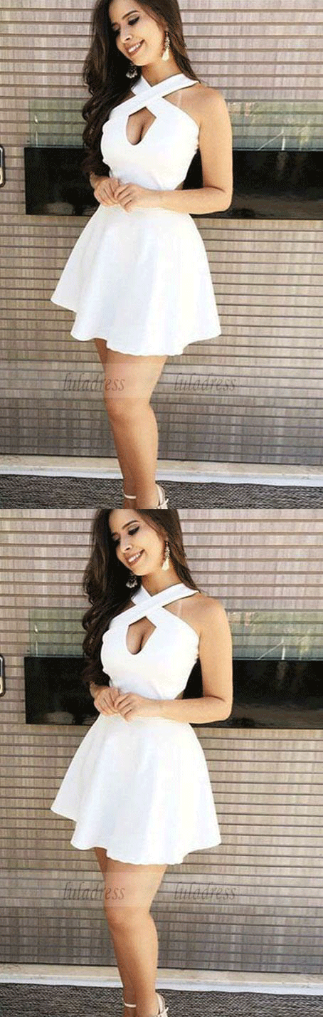 A-Line Cross Neck Open Back Short White Homecoming Dress with Keyhole luladress A-Line Cross Neck Open Back Short White Homecoming Dress with Keyhole luladress