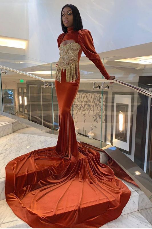 Vintage Orange Velvet Crystal Mermaid Prom Dresses With Long Sleeves