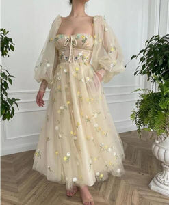 A Line Long Sleeves Floor Length Sweetheart Tulle Prom Dresses,Evening Dresses,BD2975