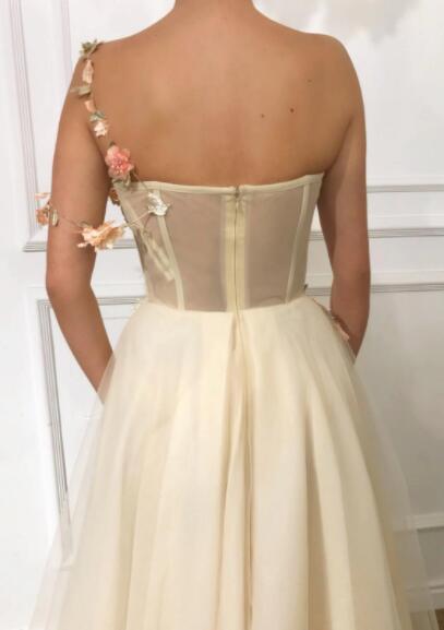 A Line One Shoulder Floor Length Sweetheart Tulle Applique Prom Dresses,Evening Dresses,BD2977