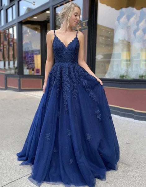 Navy Blue Appliques Long Prom Dresses Evening Dresses,BD930633