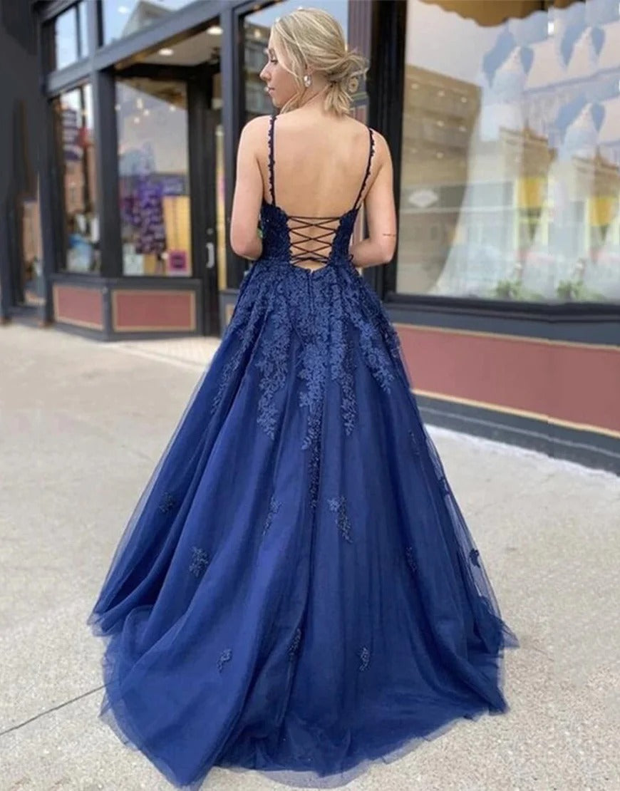 Navy Blue Appliques Long Prom Dresses Evening Dresses Pic Color / US6 Navy Blue Appliques Long Prom Dresses Evening Dresses Pic Color / US6