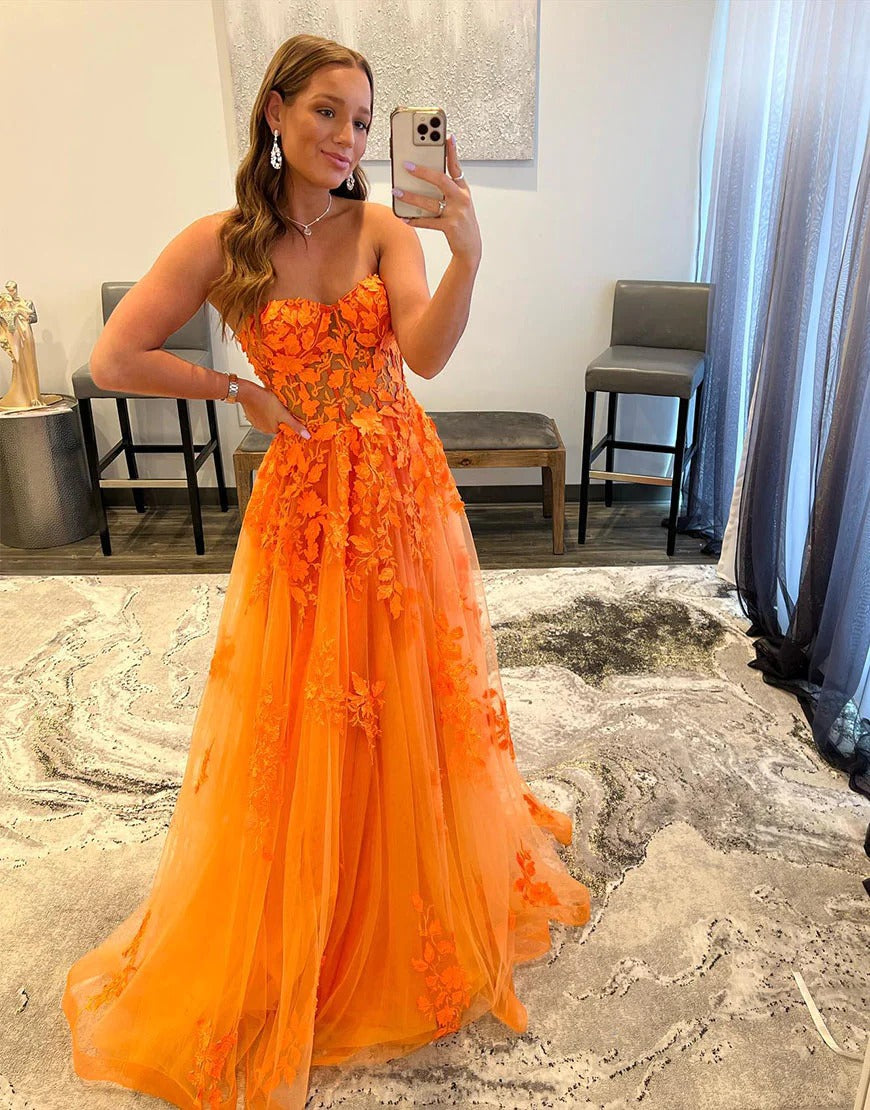 A Line Long Orange Appliques Sweetheart Prom Dresses – luladress