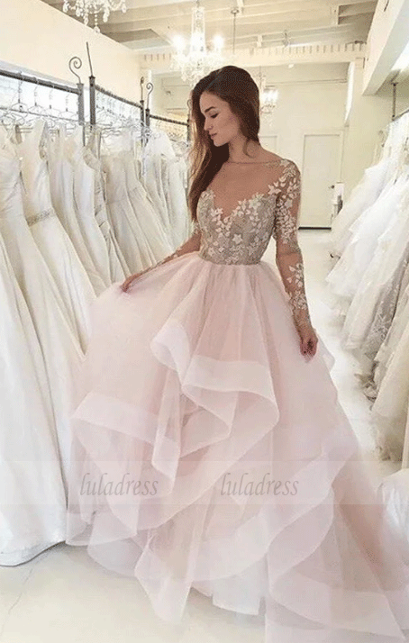 Tulle Flowers Long Sleeve Wedding Dress