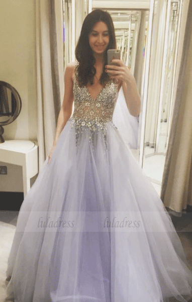 A Line V Neck Long Prom Dresses With Beading, BW97716