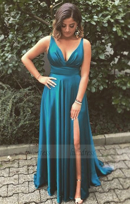 A-Line Spaghetti Straps Long Turquoise Prom Dress with Split,BW97015