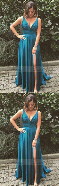 A-Line Spaghetti Straps Long Turquoise Prom Dress with Split,BW97015