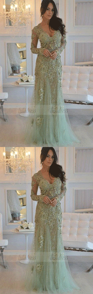 elegant mint prom party dresses with long sleeves, chic v-neck evening gowns with beaded long sleeves,BD98652