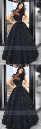 A-Line Round Neck Floor-Length Black Tulle Prom Dresses with Pearls