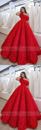 A-Line Off the Shoulder Floor-Length Red Lace Prom Dress with Appliques