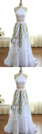 High Neck White Prom Dress with Beading Embroidery, Two Piece Formal Dress
