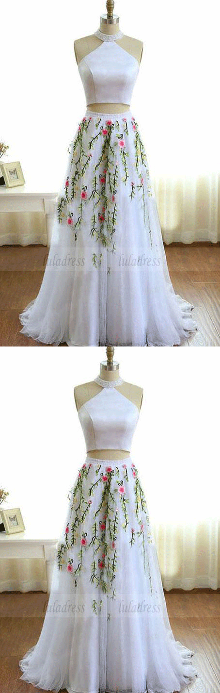 High Neck White Prom Dress with Beading Embroidery, Two Piece Formal Dress