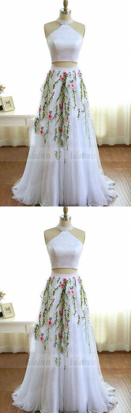 High Neck White Prom Dress with Beading Embroidery, Two Piece Formal Dress,BD98660