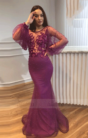 Illusion Neckline Long Sleeves 3D Applique Beaded Evening Dress,BW97146
