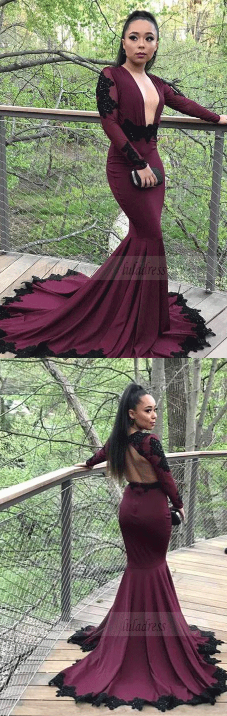 Mermaid Prom Dresses,Black Appliqued Long Sleeves Evening Dresses –  luladress