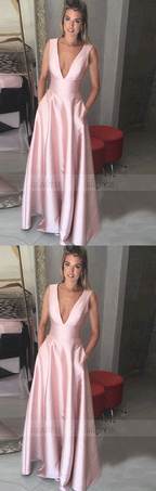 Deep V-Neck Floor-Length Pink Satin Prom Dress with Pockets