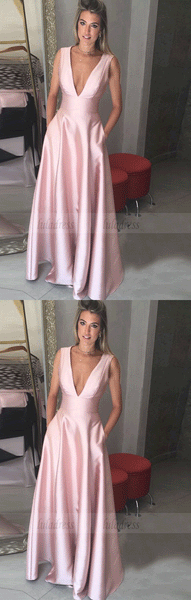 Deep V-Neck Floor-Length Pink Satin Prom Dress with Pockets,BW97152