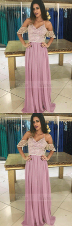 A-Line Spaghetti Straps Pink Chiffon Prom Party Dress with Lace Ruffles