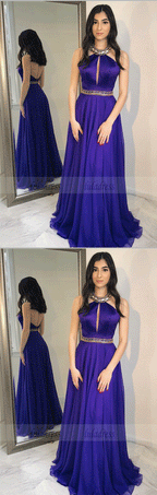 A-Line Halter Sweep Train Grape Chiffon Prom Dresses with Beading