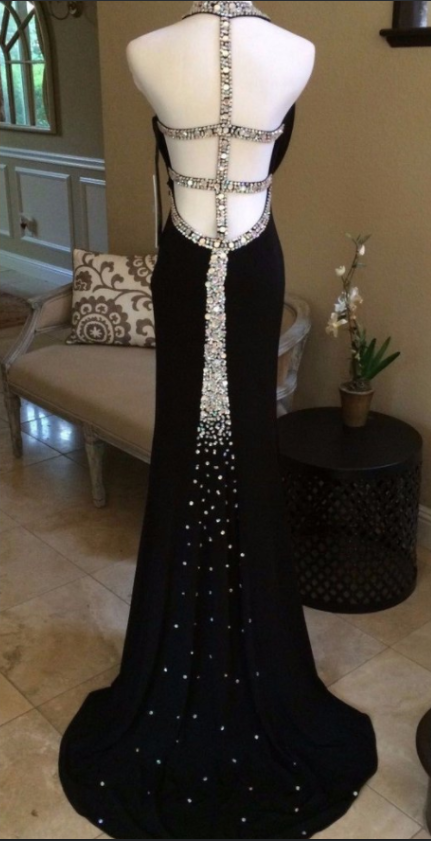 Open Back Long Black Jersey Beaded Prom Dress