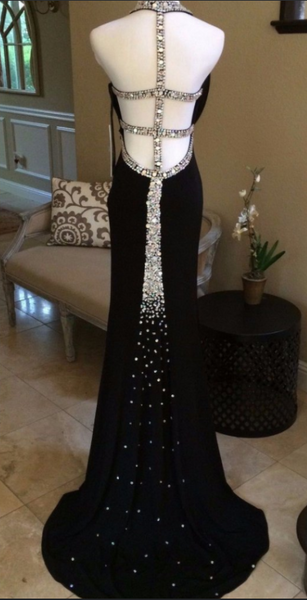 Open Back Long Black Jersey Beaded Prom Dress,BW97210
