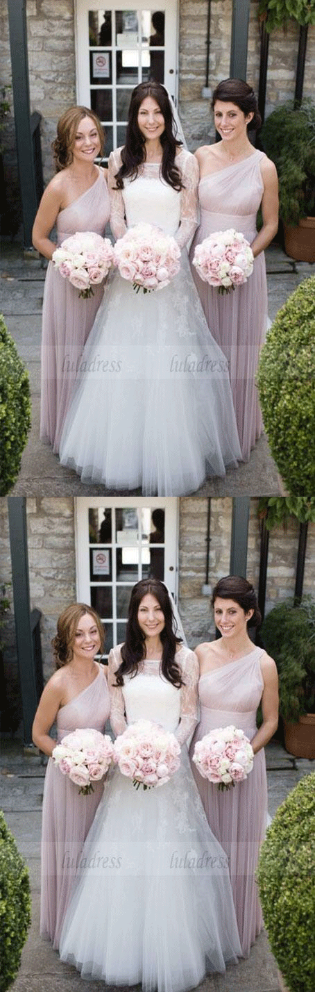 One Shoulder Bridesmaid Dresses, Pearl Pink Bridesmaid Dresses, Long Bridesmaid Dresses