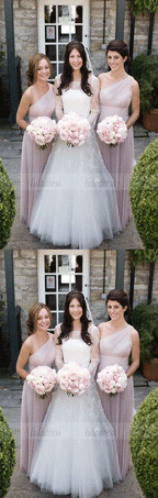One Shoulder Bridesmaid Dresses, Pearl Pink Bridesmaid Dresses, Long Bridesmaid Dresses